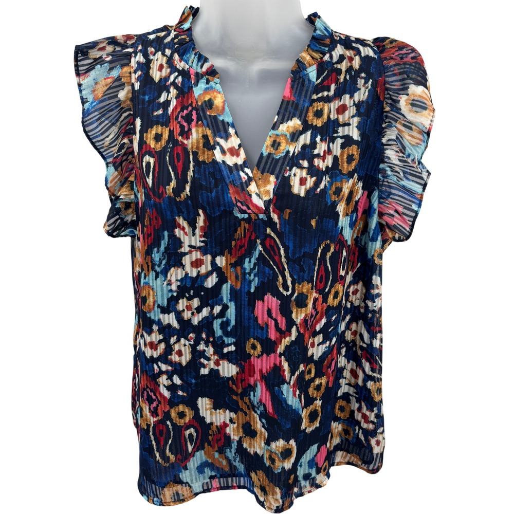 Jade Melody Tam Floral Ruffle Sleeve V-Neck Chiffon Pleated Top Blouse‎ Womens S